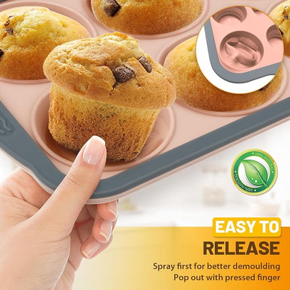 Silicone Muffin Pan, 6 Cups Non-Stick Cupcake Pan, Food-Grade BPA-Free Muffin Tin, Oven-Safe 450 °F, Reinforced Steel Frame, Easy-Grab Handles, Quick-Release 2.7" Baking Molds for Mini Treats
