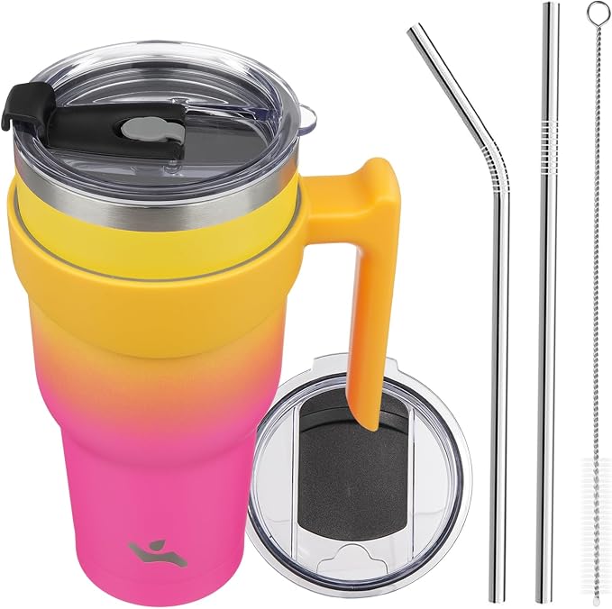 Konokyo 40 oz Tumbler with Handle and 2 Straw 2 Lid, Insulated Water Bottle Stainless Steel Vacuum Cup Reusable Travel Mug,Rainbow