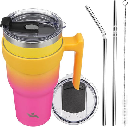 Konokyo 40 oz Tumbler with Handle and 2 Straw 2 Lid, Insulated Water Bottle Stainless Steel Vacuum Cup Reusable Travel Mug,Rainbow
