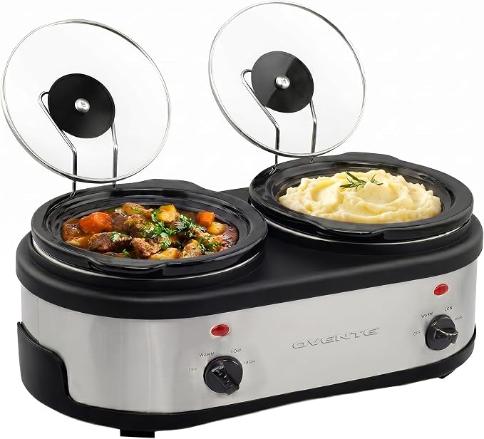 OVENTE Double Slow Cooker, Buffet Server and Warmer with Two 1.5Qt Removable Ceramic Pot, Adjustable Temperature Control and Tempered Glass Lid for Parties, Gatherings and Holidays, Silver SLO215BR