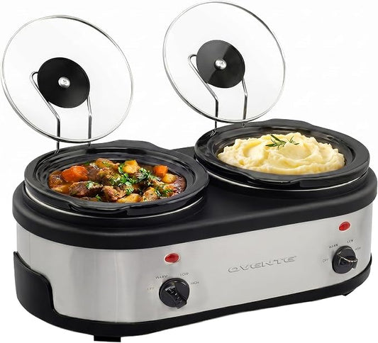OVENTE Double Slow Cooker, Buffet Server and Warmer with Two 1.5Qt Removable Ceramic Pot, Adjustable Temperature Control and Tempered Glass Lid for Parties, Gatherings and Holidays, Silver SLO215BR