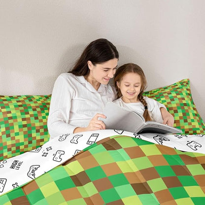 Manfei Pixelated Grid Bedding Set King Size,Geometric Camo Blocks Comforter Set with 2 Pillowcases,Miners Gamepad Games Bed Quilt,Green Brown Quilt Sets Home Decor,Women Men Birthday Gift
