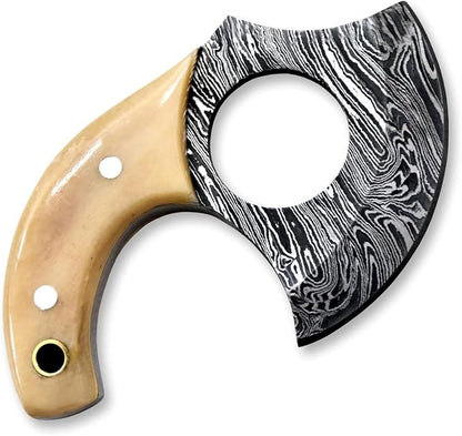 Custom Damascus Steel Ulu Knife Traditional Alaskan Ulu Multi-Purpose Pizza Cutter,Vegetable Chopping, Boning Slicing Cutting Camel Bone Handle Leather Sheath (SUB-03)