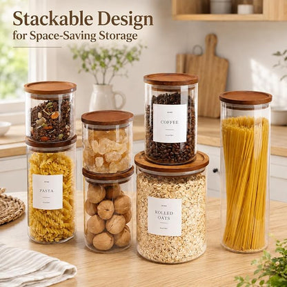 Set of 3 Glass Pantry Jars with Acacia Wood Lids, 45oz Airtight Glass Kitchen Canisters with 105 Labels, Clear Pantry Storage Containers for Coffee, Sugar, Oats, Pasta, Cookies