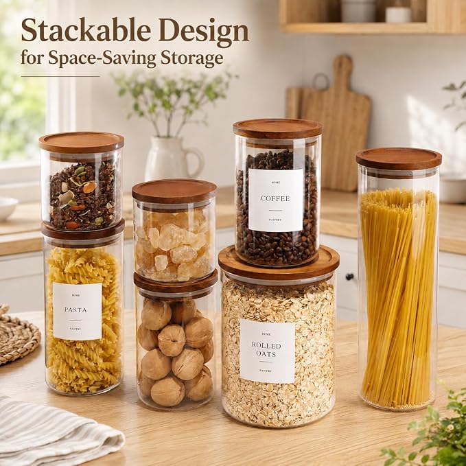 2 Pack Glass Rice Containers with Acacia Wood Lids, 70oz Airtight Flour and Sugar Jars with 105 Labels, Large Glass Pantry Storage Jars for Cereal, Protein Powder, Cookies, Dry Food