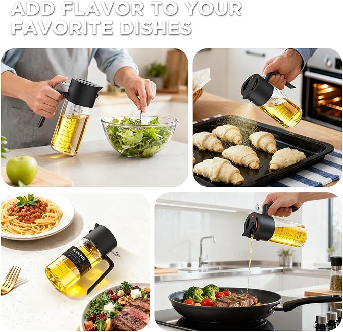 PLAPITATE 2Pcs 17oz Premium Olive Oil Sprayer for Cooking, 2 in 1 Glass Olive Oil Dispenser Bottle for Kitchen Gadgets, Spray Bottle with Portion Control for Salad, Frying, BBQ (Black & Lime Yellow)