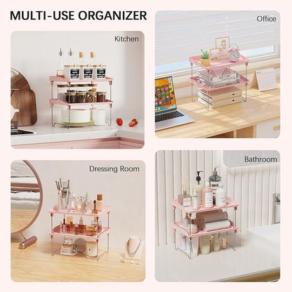 STARLATTA 2 Pcs Cabinet Organizer Shelf，Stackable Kitchen Counter Shelves, Spice Rack,Countertop Organizers，Pink Plastic Storage Shelves Rack for Makeup，Bathroom, Cupboard，Desk，Pantry Organization