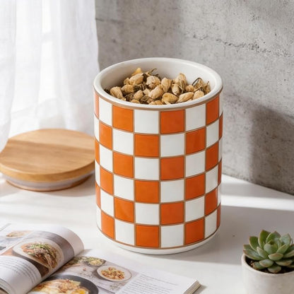 Kitchen Countertop Ceramic Checkered Canisters,Black And White Food Storage Containers With Lid,Airtight Kitchen Canisters for Flour, Sugar, Coffee, Tea, and Dry Goods (Orange, Small)