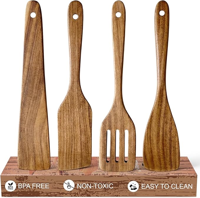 4 Pcs Acacia Wooden Spatula Set Non Toxic Kitchen Utensil Set Slotted Turner Flat Wood Wok Spatulas for Cooking Spoon Kitchen Spurtle Bamboo Cooking Utensils Fish Egg Flipper Spatula Cast Iron Scraper