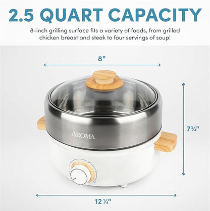 Aroma Housewares AMC-130 Whatever Pot, Indoor Grill, Cooking, Hot Pot with Glass Lid, Bamboo Handles, 2.5L, Stainless Steel/White