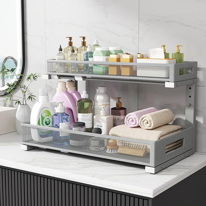 2 Pack 19IN Depth Under Sink Storage Organizer, Large 2-Tier Elegant Mesh Pull Out Shelf for Kitchen and Bathroom Cabinet Organization, L-Shaped and Adjustable Height Design-Gun Gray