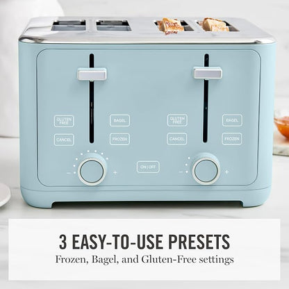 Martha Stewart 4 Slice Toaster, 10 Shade Settings with Defrost, Cancel, Bagel & Gluten-Free, Extra-Wide Self-Centering Slots for Waffles & Artisan Bread, Removable Crumb Tray, Cord Wrap, 1800W, Sky