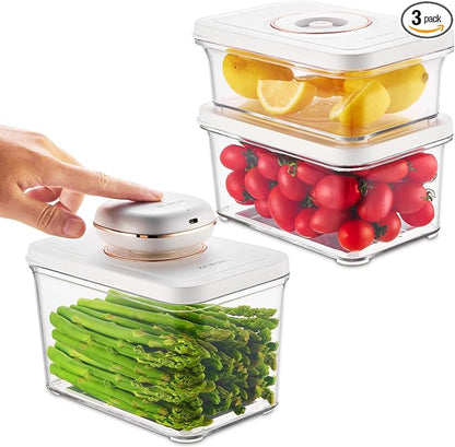 ZKIRON One-Touch Electric Vacuum Seal Food Storage Containers Set of 3 - Automatic Sealer Machine with Airtight Meal Prep Containers - BPA-Free & Stackable for Vegetables, Meat, Fruits (White)