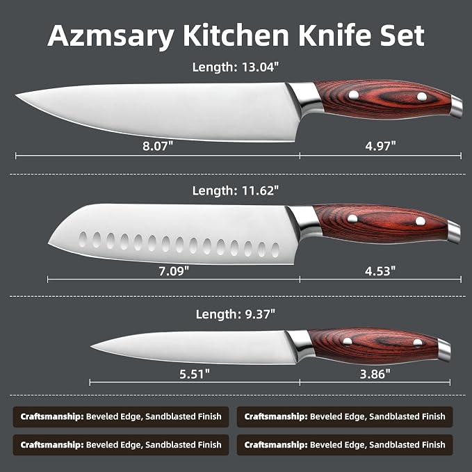3-Piece Kitchen Knife Set – Includes Ultra-Sharp Chef Knife, High Carbon Stainless Steel Blades with Ergonomic Pakkawood Handles, Professional Knives Set for Kitchen, Elegant Gift Box