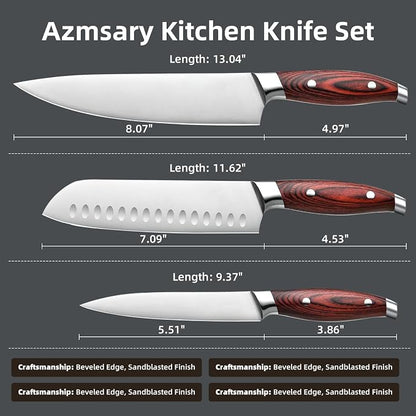 3-Piece Kitchen Knife Set – Includes Ultra-Sharp Chef Knife, High Carbon Stainless Steel Blades with Ergonomic Pakkawood Handles, Professional Knives Set for Kitchen, Elegant Gift Box