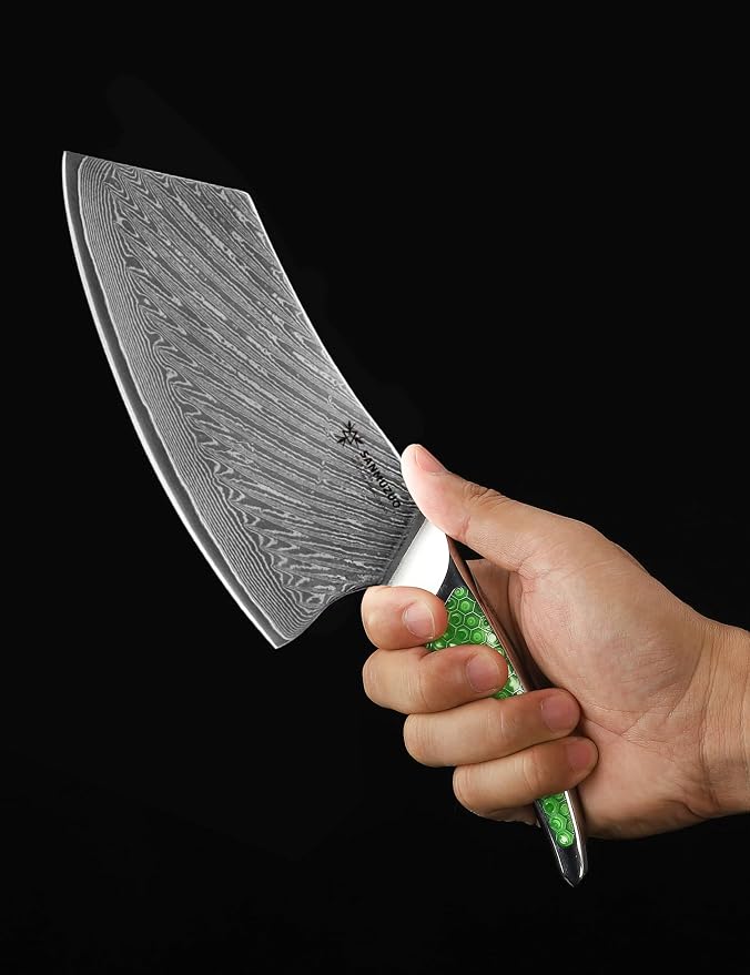 7 inch Nakiri Knife, Japanese VG-10 Damascus Steel Meat Cleaver, Ultra Sharp Vegetable Knife with Full-tang Handle in Green Resin, LA-S9 Series