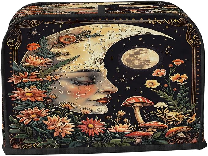 Moon Mushroom Toaster Cover 2 Slice Wide Slot Washable Toaster Covers | Face Flowers Dust and Fingerprint Protection Bread Maker Covers for Kitchen Accessories Decor Bakeware Women Gift