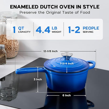 Onader 1 Quart Saucepan, Enameled Cast Iron Sauce Pan Pot, Small Kitchen Pot for Cooking with Lid, Enamel Dutch Oven Nonstick – Deep Blue