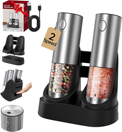 CIRCLE JOY 2-Speed Electric Salt and Pepper Grinder Set Rechargeable Stainless Steel Pepper Mills with Charging Base, LED Light and External Adjustable Coarseness for Hygienic Easy Use