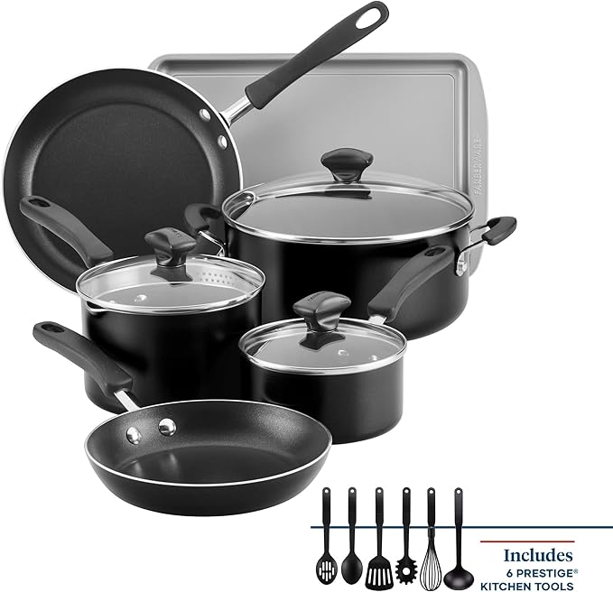 Farberware Cookstart Aluminum DiamondMax Nonstick Cookware Set, Kitchen Essentials, 15-Piece, Black