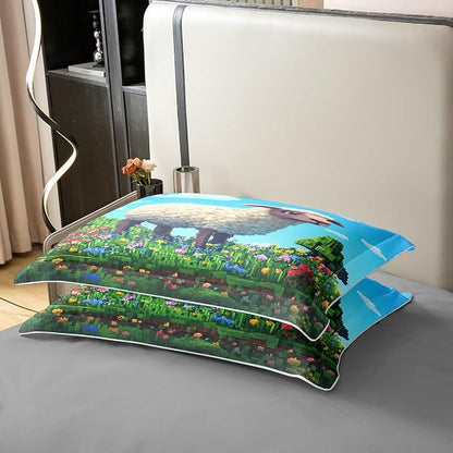 Castle Fairy 100% Cotton Cute Sheep Bedding Set King Pixel Style Farm Animals Duvet Cover for Bedroom Decor Colorful Floral Geometric Games Comforter Cover (Not Comforter),3 Pcs