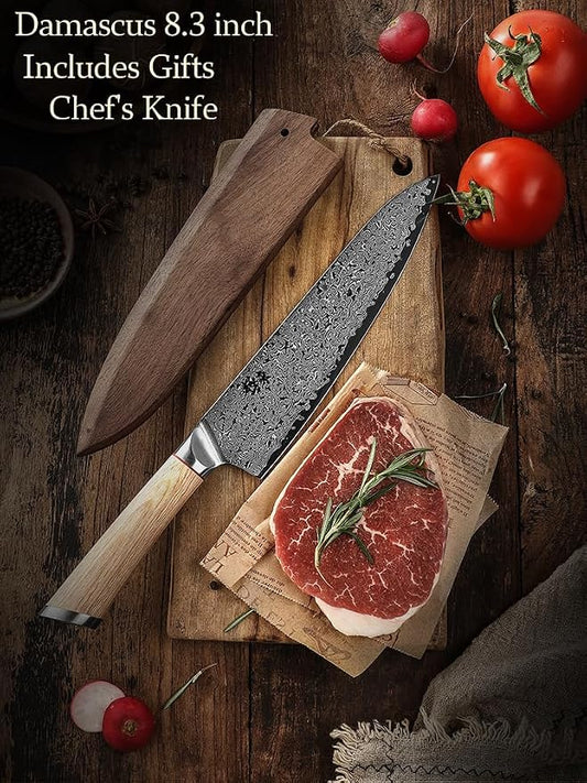 DONGSUN 8 Inch Damascus Chef Knife with North American Black Walnut Sheath, 67-Layer VG10 Forged Steel Japanese Gyuto, Professional Durable Sharpness