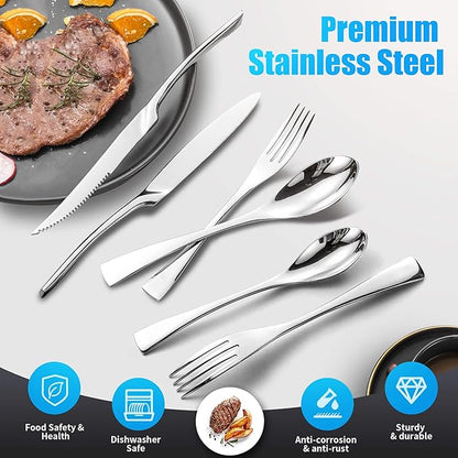 Lemeya 24-Pieces Silverware Set with Steak Knives,Heavy Duty 18/10 Stainless Steel Flatware Set for 4,Modern Cutlery with Forged Stand Knives,Mirror Polished,Dishwasher Safe