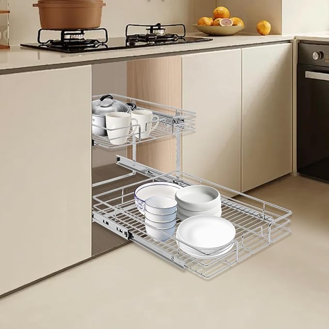 2 Tier Pull Out Cabinet Organizer 21 "W X 22 "D, Double Wire Basket Sliding Shelf, Pull Out Drawer for Kitchen Cabinets, Base Cabinet Organization for Kitchen, Bathroom, Pantry, Chrome (Silver)