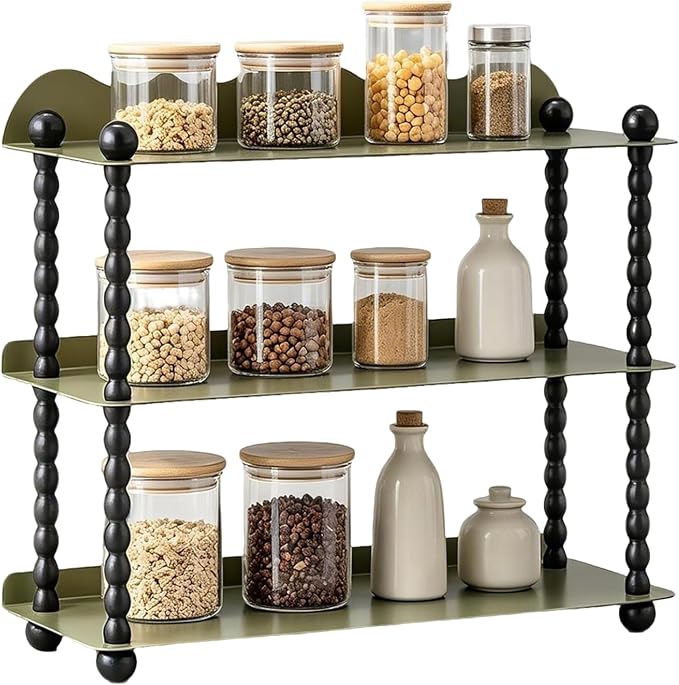 3-Tier Kitchen Countertop Organizer, Vintage Metal Spice Rack, Multi-Purpose Bathroom Counter Organizer, Rustic Countertop Storage Shelf for Mug, Cosmetics, Coffee Station and Vanity Decor