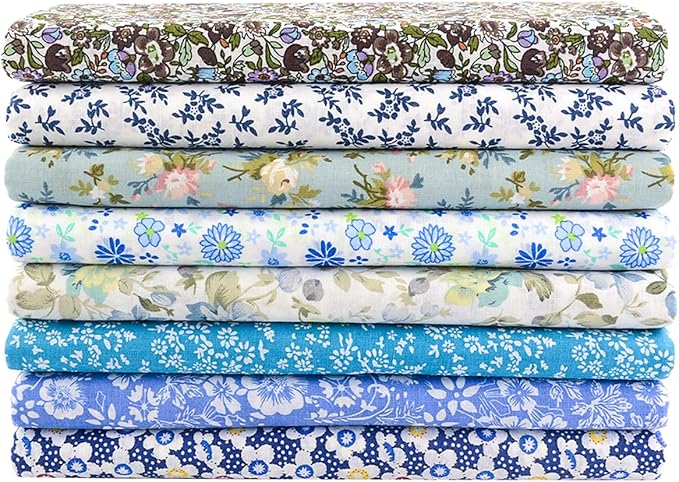 100% Cotton Craft Fabric -8 Pieces (20"x20"), Floral Cotton Fabric for Sewing, Bundle Squares Fabric, DIY Cloths Patchwork, Pre-Cut Quilting Fabric(Blue)