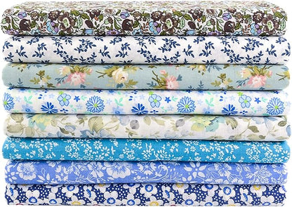 100% Cotton Craft Fabric -8 Pieces (20"x20"), Floral Cotton Fabric for Sewing, Bundle Squares Fabric, DIY Cloths Patchwork, Pre-Cut Quilting Fabric(Blue)
