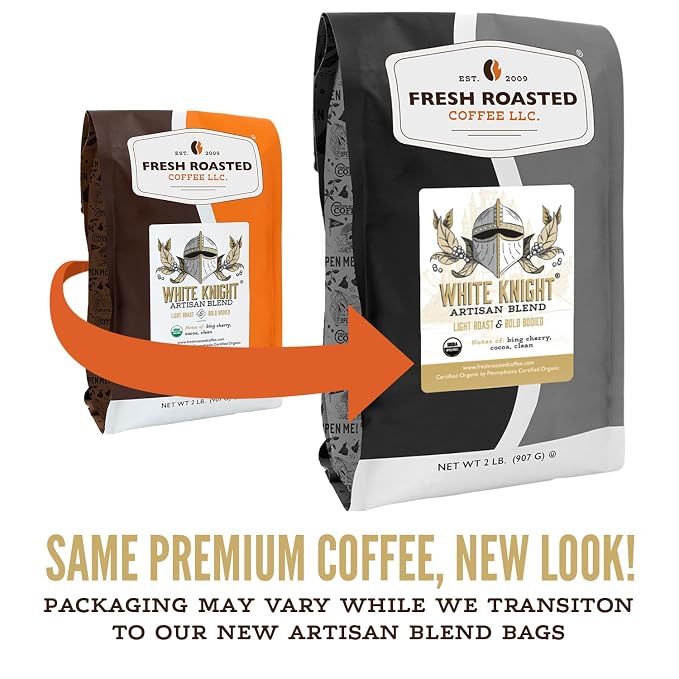 Fresh Roasted Coffee, Organic White Knight Whole Bean Coffee, Light Roast, USDA Organic, Kosher, 5 lb (80 oz)