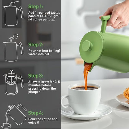 Secura 50oz French Press Coffee Maker – 304 Stainless Steel, Insulated Coffee Press with Extra Filter, Green