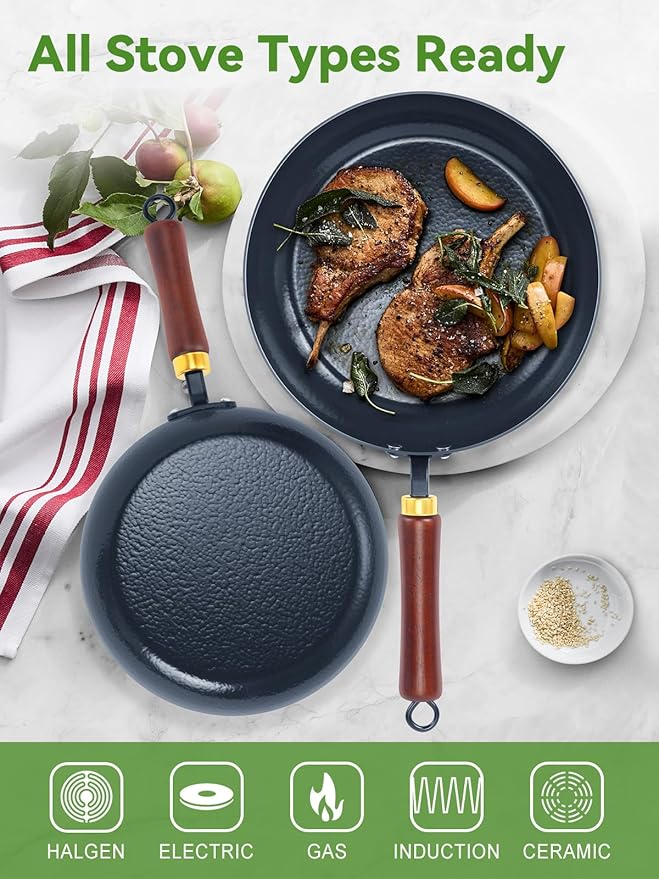 11" Enameled Carbon Steel Skillet, Nonstick Frying Pan with Stay-Cool Wooden Handle, Season-Free Stir-Fry Pan, Non-Toxic PTFE & PFOA Free Cookware, Oven-Safe & All Stovetops Compatible