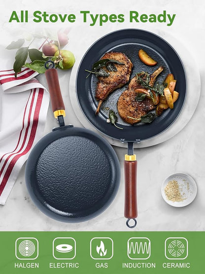 11" Enameled Carbon Steel Skillet, Nonstick Frying Pan with Stay-Cool Wooden Handle, Season-Free Stir-Fry Pan, Non-Toxic PTFE & PFOA Free Cookware, Oven-Safe & All Stovetops Compatible