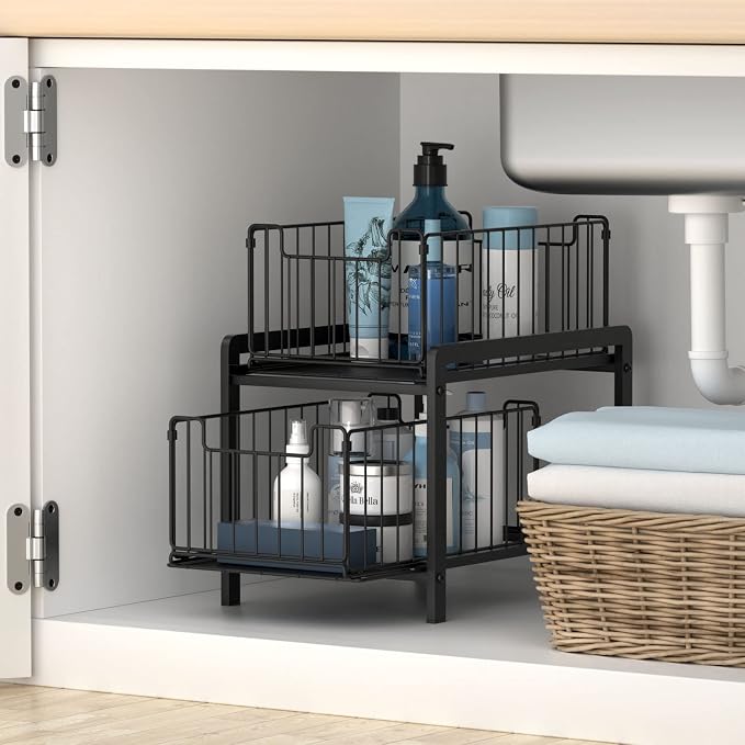 NPPLUS 2-Tier Under Sink Organzier: Iron Under Sink Cabinet Organizers With Sliding Drawer - Pull Out Home Storage For Bathroom Kitchen Desktop (Black)