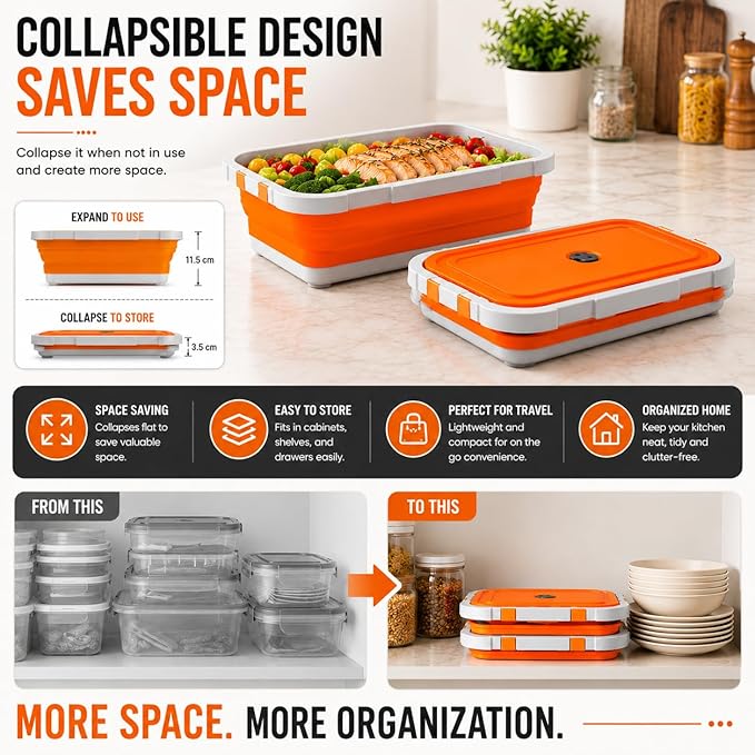 Pamper Paws 2-pack XL Collapsible BBQ Prep Tub with Cutting Board – Foldable Food Prep Container for Outdoor Cooking & Kitchen Use – Space Saving Collapsible Wash Tub, Portable BBQ Prep Tub (Orange)
