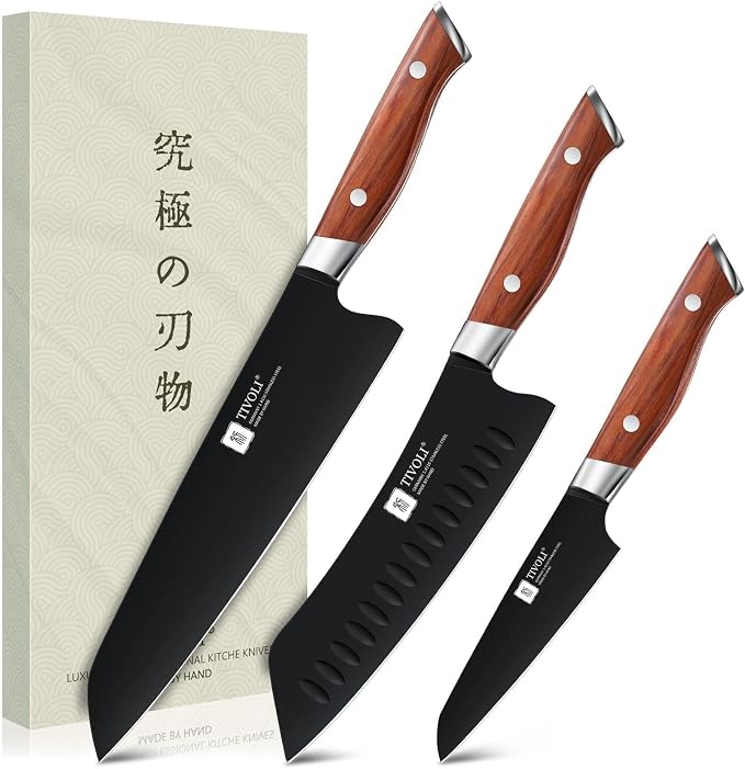 TIVOLI 3 Piece Kitchen Knife Set - High Carbon Steel - Black Blade Rustproof Coating - Chef Knife Set with Ergonomic Wood Handle, Cooking Knives for Meat Vegetable Fruit, Gift Box Sharp Knives