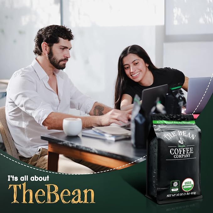 The Bean Organic Coffee Company Water Processed DECAF South America Blend, Medium Roast, Ground Coffee, 16-Ounce Bag, Café Molido Tostado Orgánico descafeinado