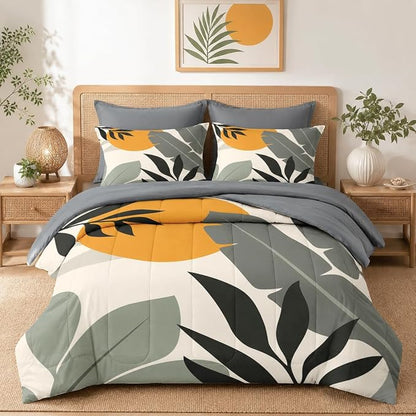 Pamnest Comforter Set King Size, Tropical Palm Leaves 7 Pcs Bedding for Kids and Adults, Vintage Monstera Bed Sheet Sets with Fitted Sheet 2 Pillowcase & 2 Sham for Bedroom Bed Decor