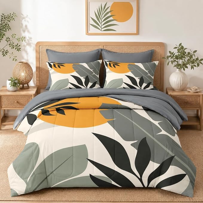 Pamnest Comforter Set Twin Size, Tropical Palm Leaves 5 Pcs Bedding for Kids and Adults, Vintage Monstera Bed Sheet Sets with Fitted Sheet Pillowcase & Sham for Bedroom Bed Decor