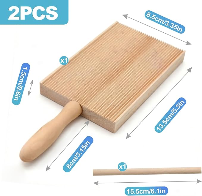 CoguZed Wooden Gnocchi Board Set with Rolling Pin, Professional Gnocchi Maker and Pasta Board for Homemade Garganelli, Natural Wood Paddle for Kitchen Cooking