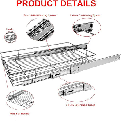 Sikarou Pull Out Cabinet Organizer 11" W x 21" D, Heavy Duty Kitchen Cabinet Pull Out Shelves, Slide Out Wire Basket for Kitchen Cabinets, Bathroom, Pantry, Chrome Finish