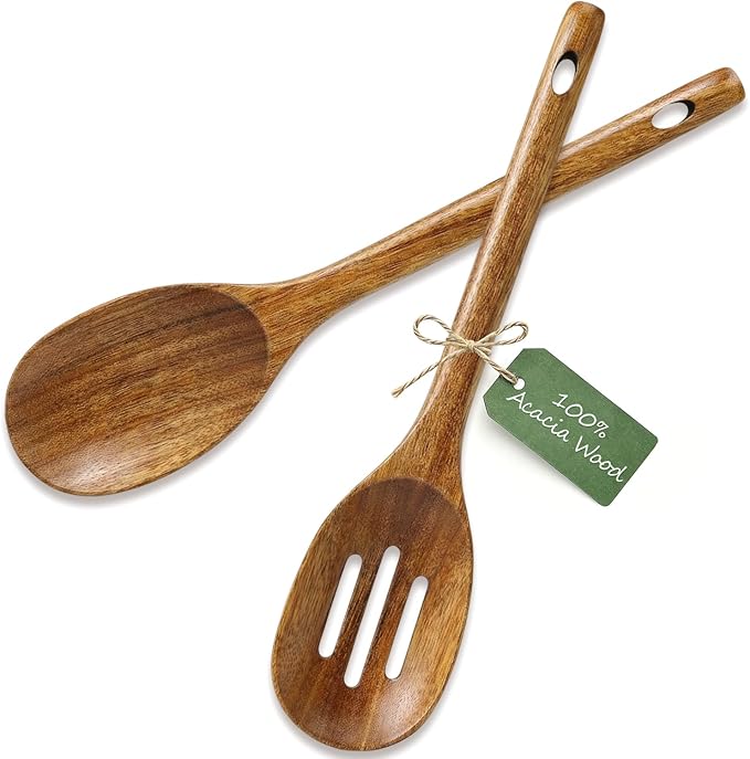Large Wooden Spoons for Cooking Utensil Set Big Mixing Serving Slotted Spoons Acacia Wood Cooking Spoon Set Non Toxic Spatula for Kitchen Bamboo Kitchen Utensils Long Handle Stirring Spoon Spatulas