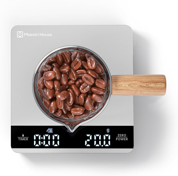 Maestri House S1 Mini Espresso Coffee Scale with Timer, Rechargeable 2kg/0.1g Precision Shot Scale for Espresso Brewing, Portable Digital Coffee Scale with Automatic Timing, Metal Finish-Silver
