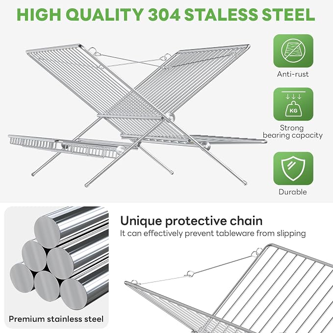 Over The Sink Dish Drying Rack, 3 Tier Large Capacity Stainless Steel Collapsible Foldable Dish Drainer, Space Saving for Kitchen Counter with Utensil Holder and Drainboard (Upgraded)