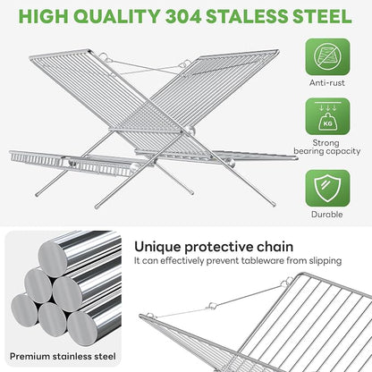 Over The Sink Dish Drying Rack, 3 Tier Large Capacity Stainless Steel Collapsible Foldable Dish Drainer, Space Saving for Kitchen Counter with Utensil Holder and Drainboard (Upgraded)