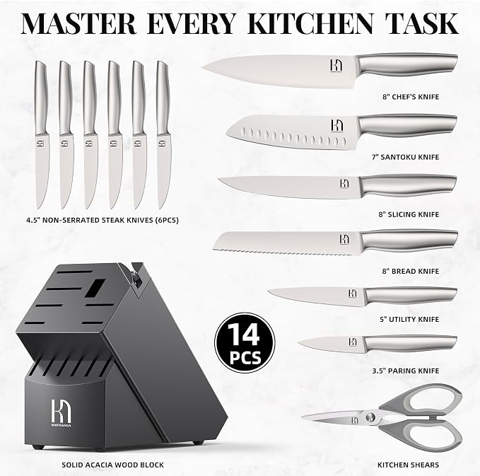 KnifeSaga Knife Set Premium, Kitchen Knife Block Set 14 Pcs Japanese High Carbon Stainless Steel Enduring Razor Sharp, Black Chef Knives Set for Kitchen with Built-in Sharpener and Acacia Wood Block
