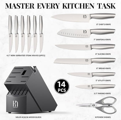 KnifeSaga Knife Set Premium, Kitchen Knife Block Set 14 Pcs Japanese High Carbon Stainless Steel Enduring Razor Sharp, Black Chef Knives Set for Kitchen with Built-in Sharpener and Acacia Wood Block