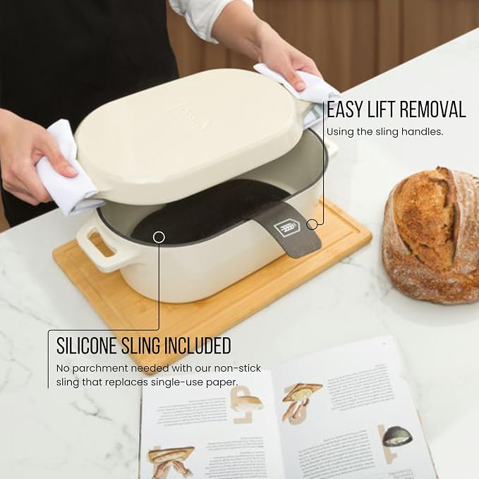Kook Dutch Oven, For Sourdough Baking, Dual Handles, Enameled Cast Iron, includes Silicone Mat and Sourdough Guide, Dishwasher Safe, Oven safe 500F, 5 Qt, (Ivory)